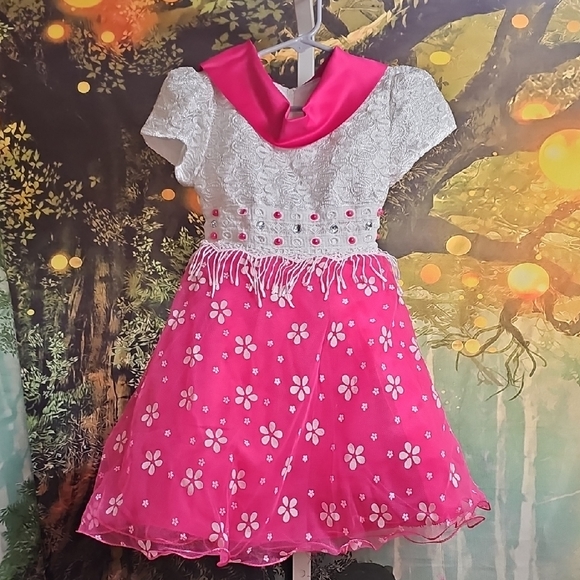 Bright Pink and White Floral Dress w/Lace Pink Pearls, Gems Top Sz4 - Picture 1 of 7